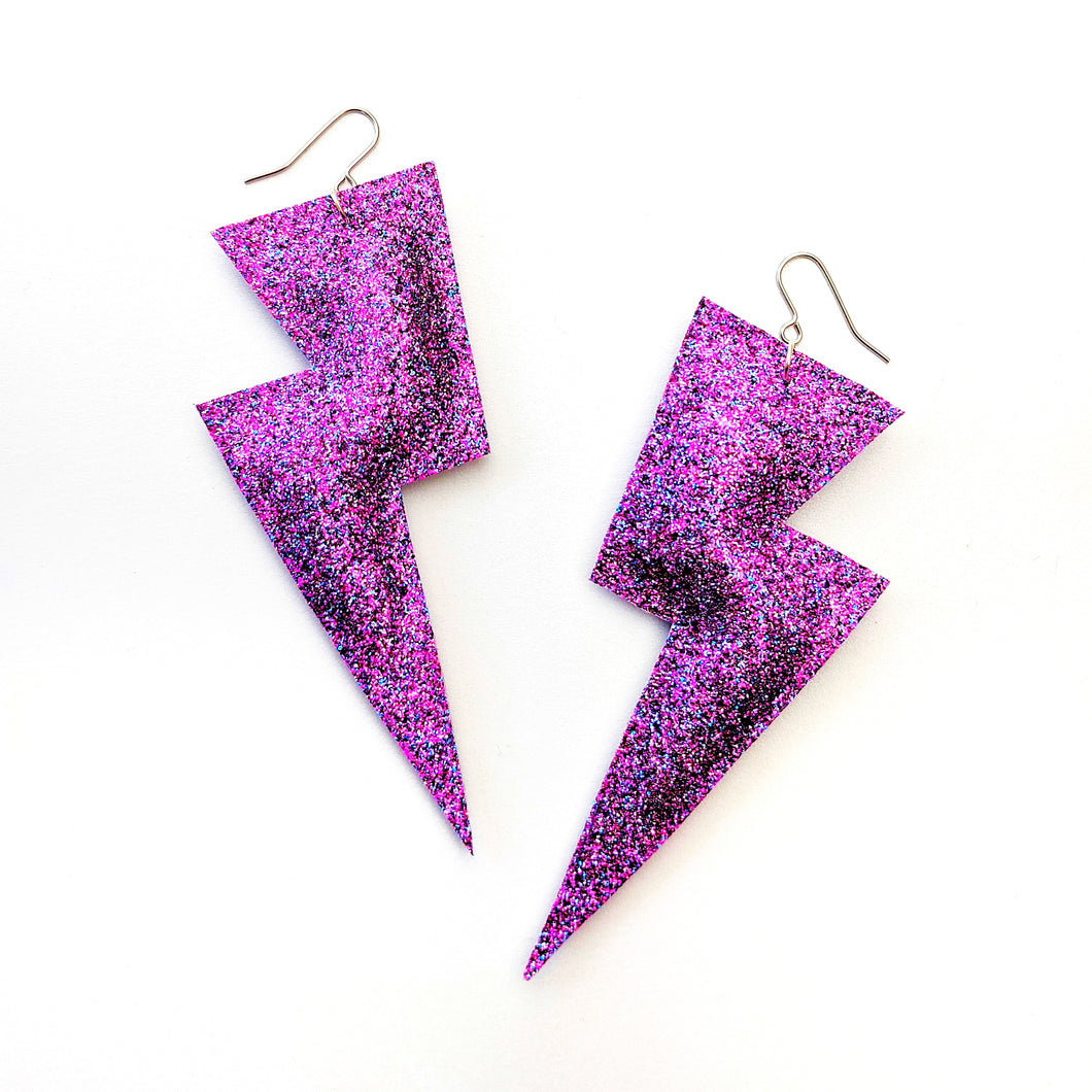 Fine Purple Glitter - Super Disco Bolt Oversized Lightning Bolt Earrings