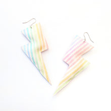 Load image into Gallery viewer, Fine Rainbow Stripe Glitter - Super Disco Bolt Oversized Lightning Bolt Earrings
