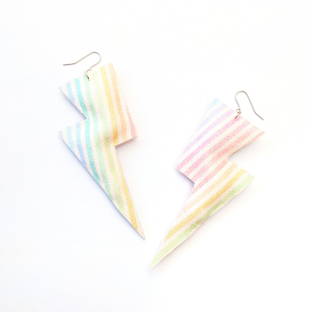Fine Rainbow Stripe Glitter - Super Disco Bolt Oversized Lightning Bolt Earrings