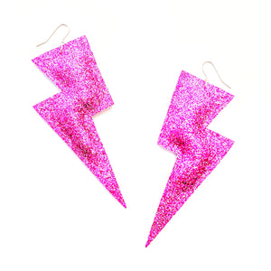 Fine Pink Glitter - Super Disco Bolt Oversized Lightning Bolt Earrings