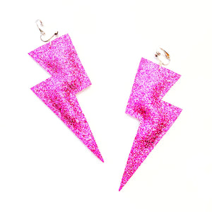 Fine Pink Glitter - Super Disco Bolt Oversized Lightning Bolt Earrings