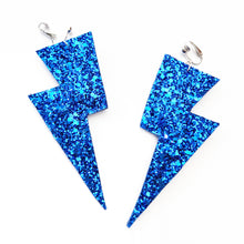 Load image into Gallery viewer, Sapphire Blue Glitter - Super Disco Bolt Oversized Lightning Bolt Earrings

