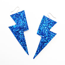 Load image into Gallery viewer, Sapphire Blue Glitter - Super Disco Bolt Oversized Lightning Bolt Earrings

