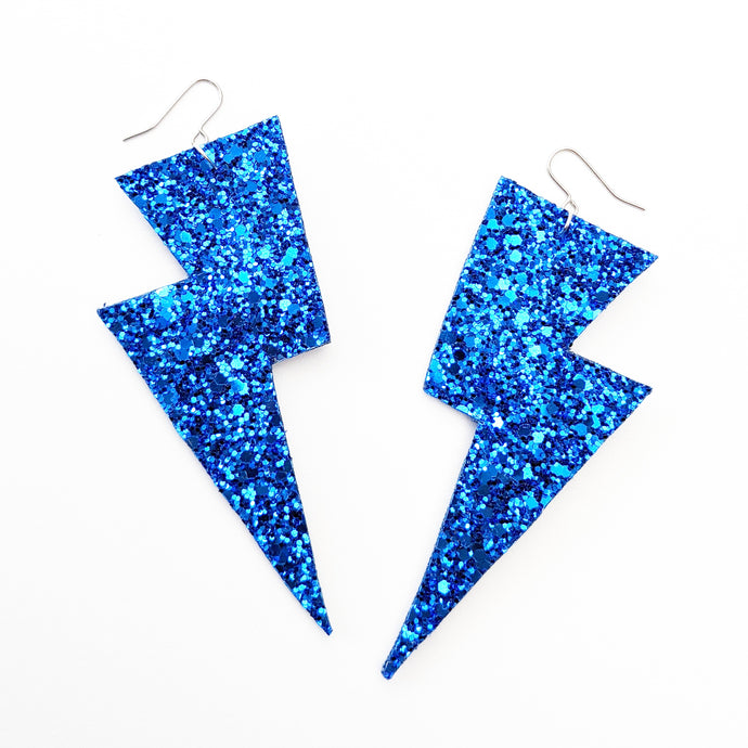 Sapphire Blue Glitter - Super Disco Bolt Oversized Lightning Bolt Earrings