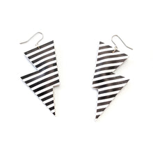 Load image into Gallery viewer, Monochrome Stripe Matte Leatherette - Disco Bolt Lightning Bolt Earrings
