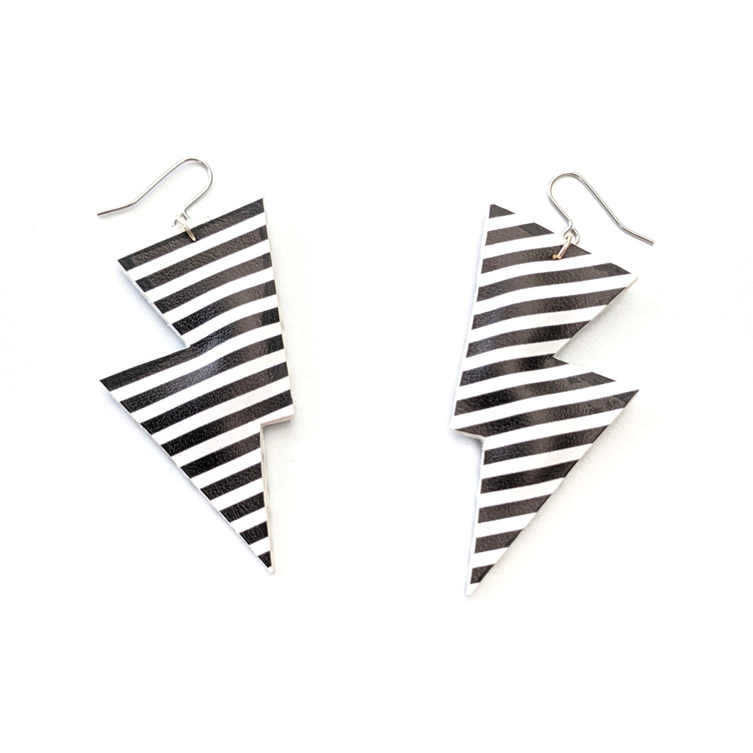Monochrome Stripe Matte Leatherette - Disco Bolt Lightning Bolt Earrings