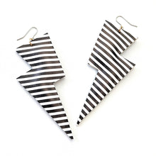 Load image into Gallery viewer, Monochrome Stripe Matte Leatherette - Super Disco Bolt Oversized Lightning Bolt Earrings
