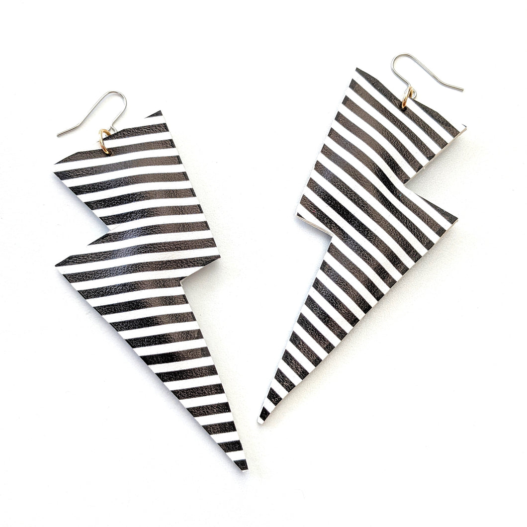 Monochrome Stripe Matte Leatherette - Super Disco Bolt Oversized Lightning Bolt Earrings