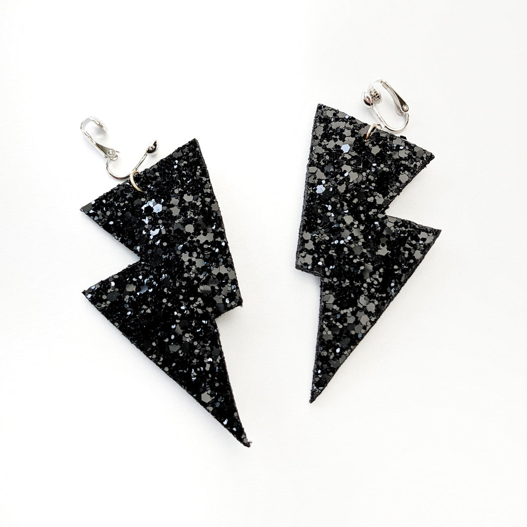 Jet Black Glitter - Disco Bolt Lightning Bolt Earrings