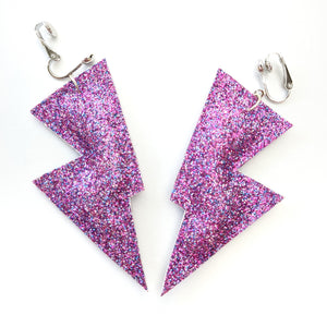 Fine Purple Glitter - Disco Bolt Lightning Bolt Earrings