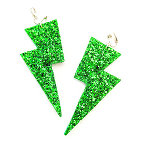 Emerald Green Glitter - Super Disco Bolt Oversized Lightning Bolt Earrings
