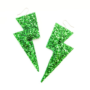 Emerald Green Glitter - Super Disco Bolt Oversized Lightning Bolt Earrings