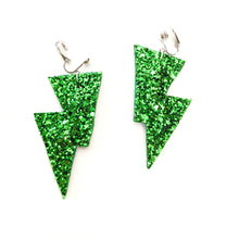 Load image into Gallery viewer, Emerald Green Glitter - Disco Bolt Lightning Bolt Earrings
