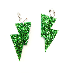 Emerald Green Glitter - Disco Bolt Lightning Bolt Earrings