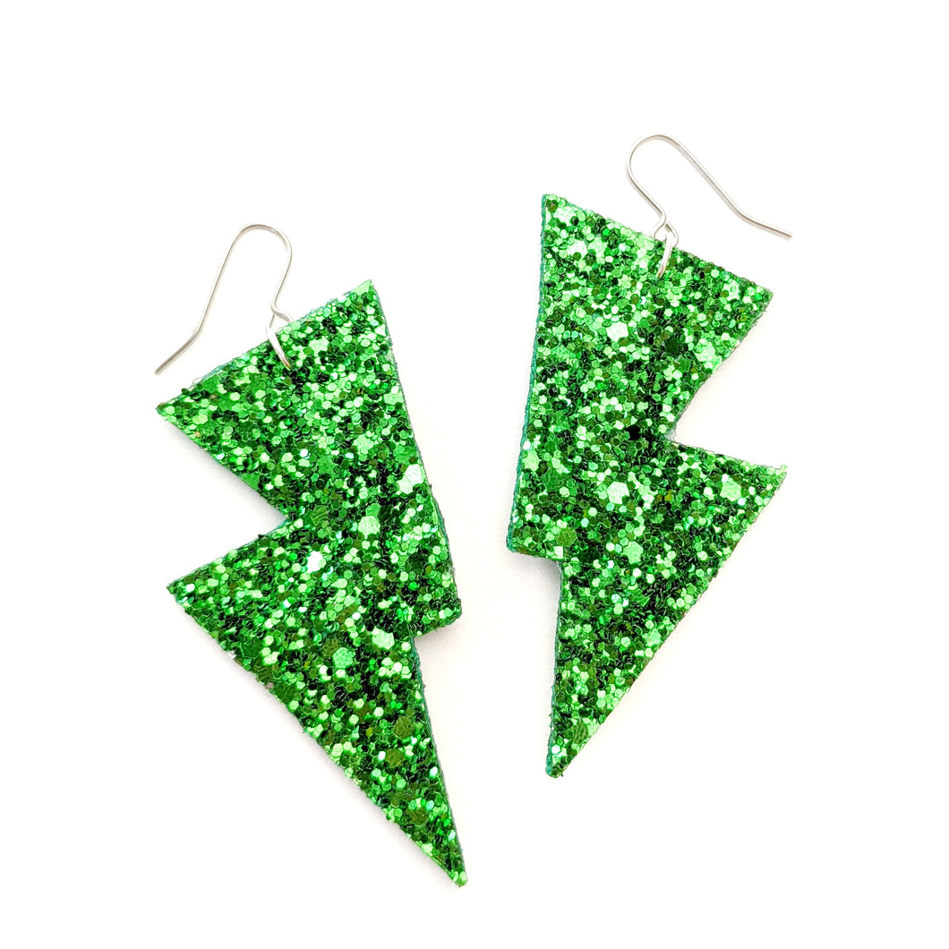 Emerald Green Glitter - Disco Bolt Lightning Bolt Earrings