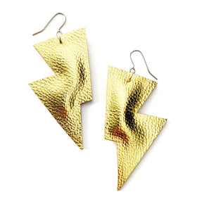 Gold Metallic Leatherette - Disco Bolt Lightning Bolt Earrings