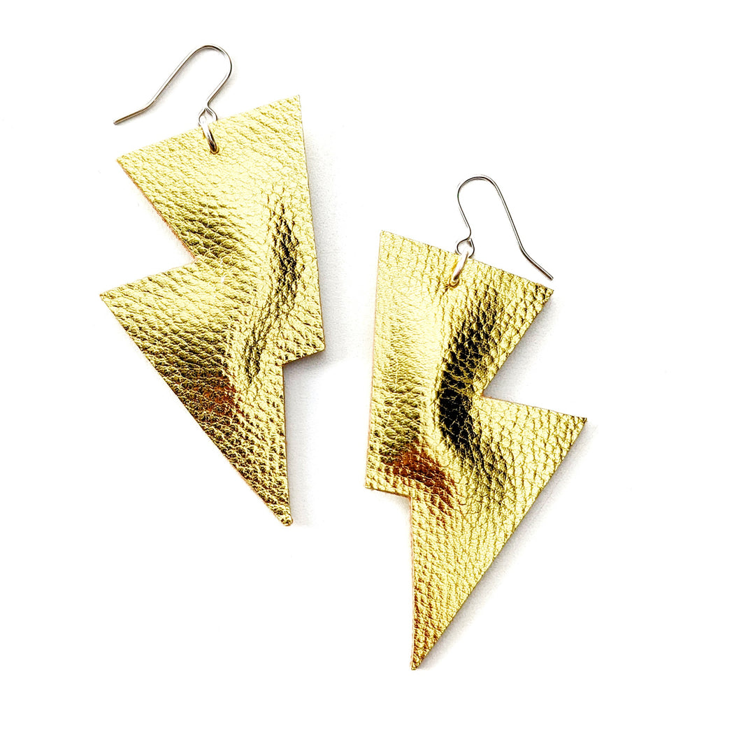 Gold Metallic Leatherette - Disco Bolt Lightning Bolt Earrings