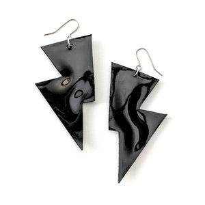 Black Patent Leatherette - Disco Bolt Lightning Bolt Earrings