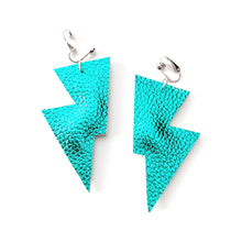 Load image into Gallery viewer, Teal Metallic Leatherette - Disco Bolt Lightning Bolt Earrings
