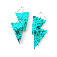 Load image into Gallery viewer, Teal Metallic Leatherette - Disco Bolt Lightning Bolt Earrings
