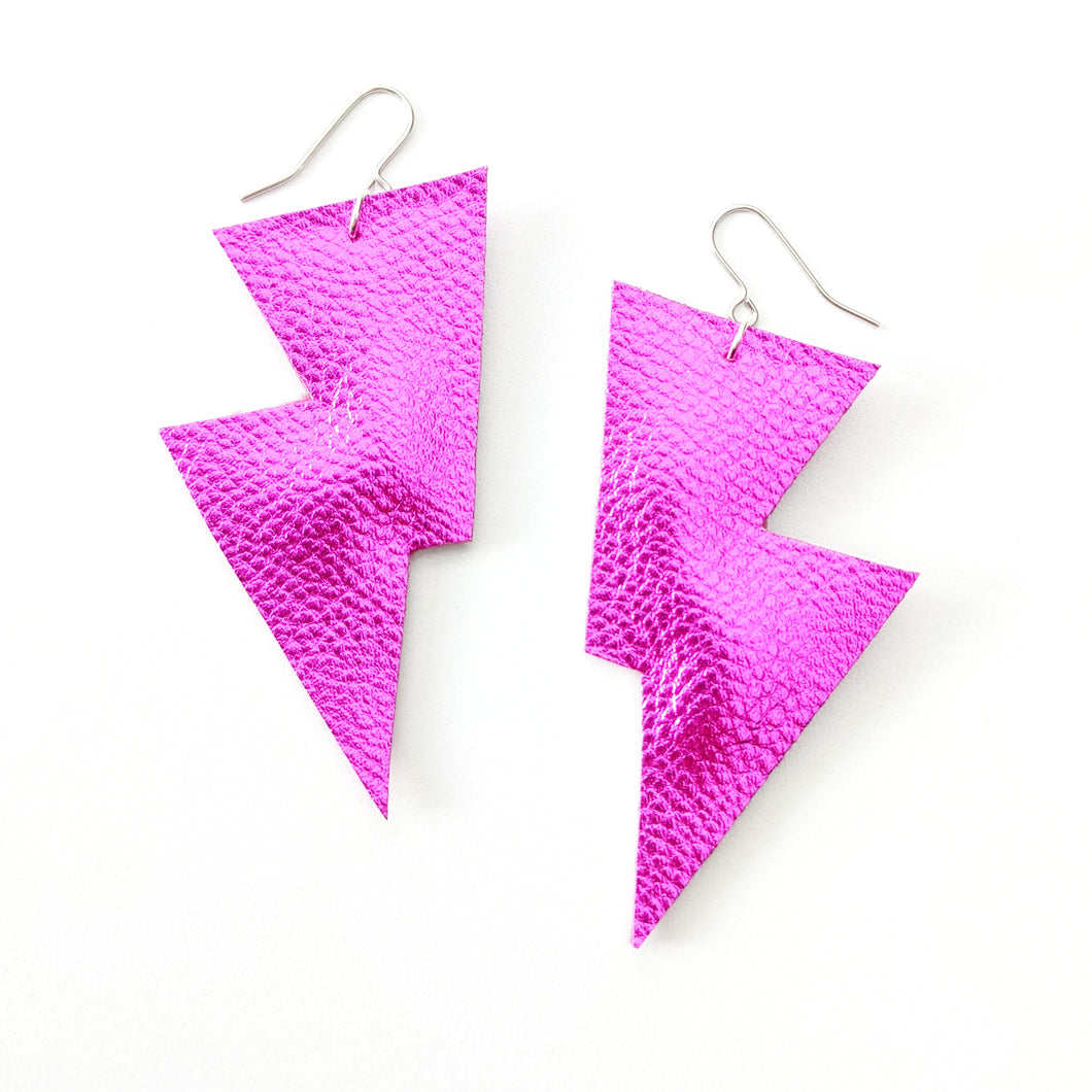 Pink Metallic leatherette - Disco Bolt Lightning Bolt Earrings