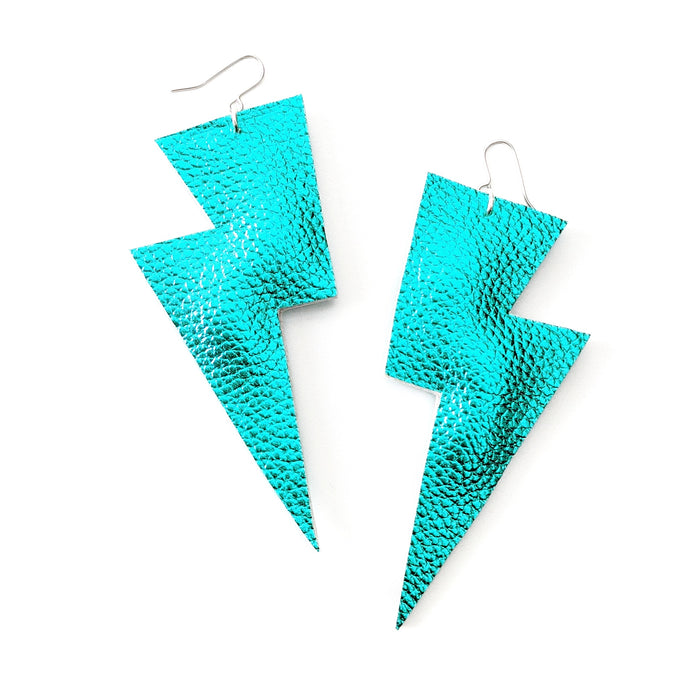 Teal Metallic Leatherette - Super Disco Bolt Oversized Lightning Bolt Earrings