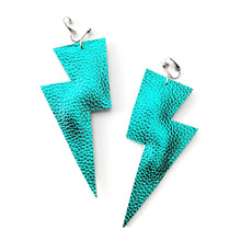 Load image into Gallery viewer, Teal Metallic Leatherette - Super Disco Bolt Oversized Lightning Bolt Earrings

