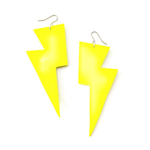 Load image into Gallery viewer, Neon Yellow Patent Leatherette - Super Disco Bolt Oversized Lightning Bolt Earrings
