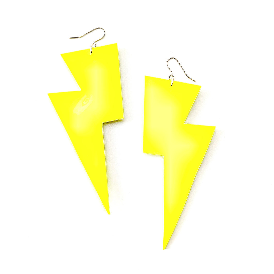 Neon Yellow Patent Leatherette - Super Disco Bolt Oversized Lightning Bolt Earrings