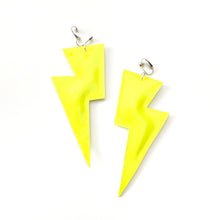 Load image into Gallery viewer, Neon Yellow Patent Leatherette - Super Disco Bolt Oversized Lightning Bolt Earrings
