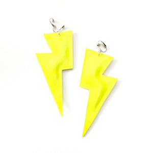 Neon Yellow Patent Leatherette - Super Disco Bolt Oversized Lightning Bolt Earrings