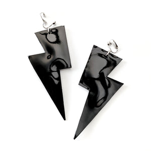 Black Patent Leatherette - Super Disco Bolt Oversized Lightning Bolt Earrings