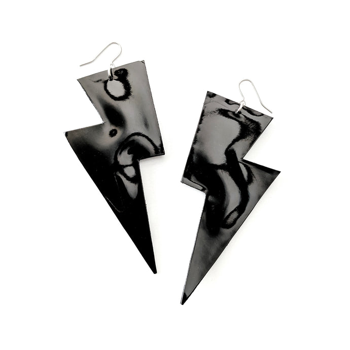 Black Patent Leatherette - Super Disco Bolt Oversized Lightning Bolt Earrings