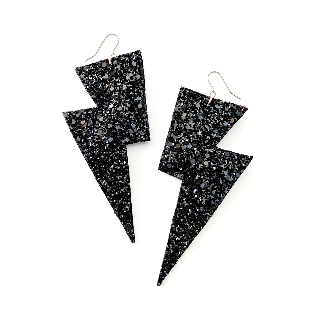 Jet Black Glitter - Super Disco Bolt Oversized Lightning Bolt Earrings