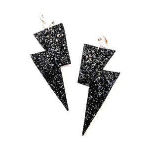 Jet Black Glitter - Super Disco Bolt Oversized Lightning Bolt Earrings