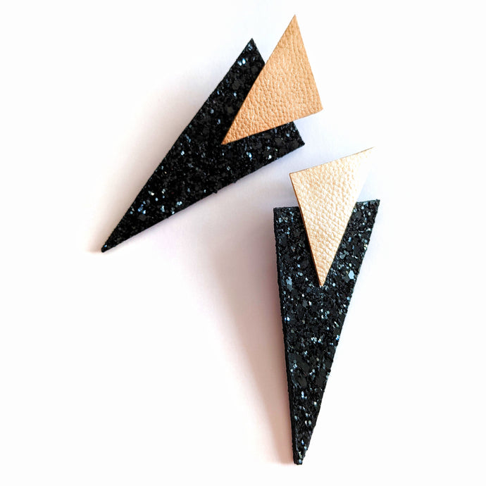 Black Glitter and Metallic Rose Gold - Power Dressing Oversized Statement Earrings