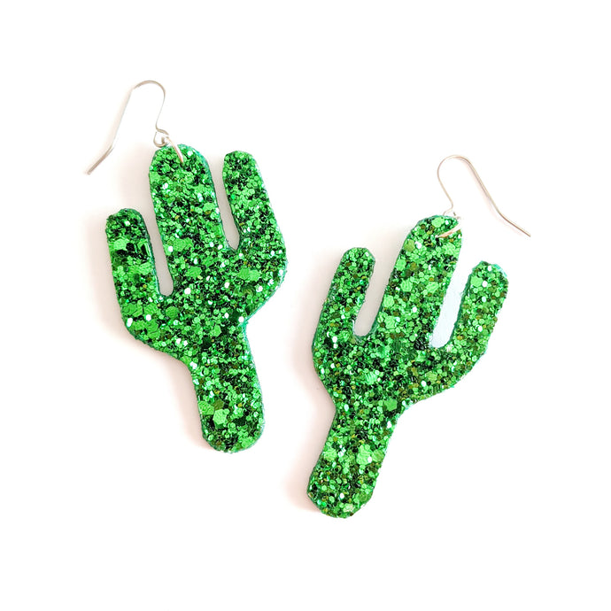 Emerald Green Glitter - Cacti Botanical Earrings