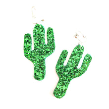 Load image into Gallery viewer, Emerald Green Glitter - Cacti Botanical Earrings
