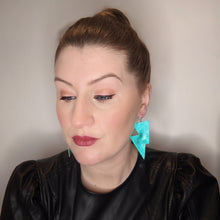 Load image into Gallery viewer, Teal Metallic Leatherette - Disco Bolt Lightning Bolt Earrings
