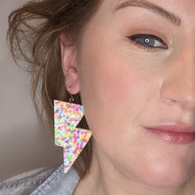 Load image into Gallery viewer, Bright Confetti Glitter - Disco Bolt Lightning Bolt Earrings
