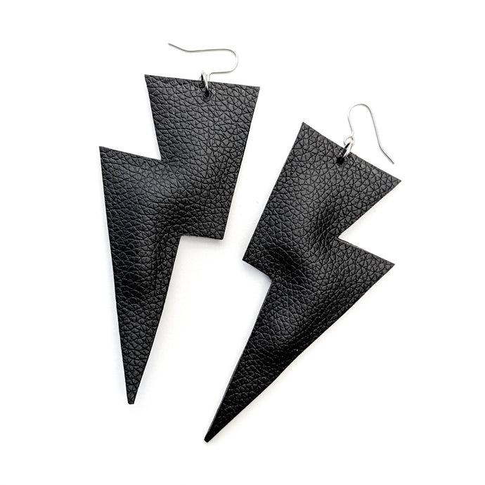 Black Matte Leatherette - Super Disco Bolt Lightning Bolt Earrings