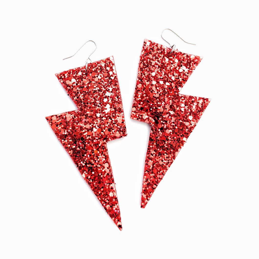 Ruby Red Glitter - Super Disco Bolt Oversized Lightning Bolt Earrings