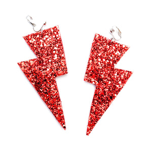 Ruby Red Glitter - Super Disco Bolt Oversized Lightning Bolt Earrings