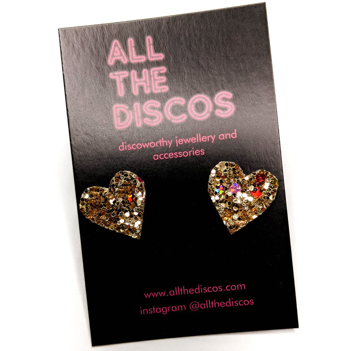 Good Disco Collection - Heart Stud Earrings - Confetti Gold Glitter