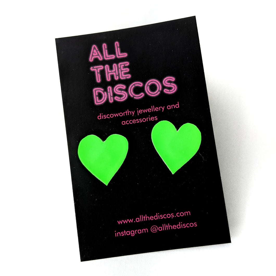 Good Disco Collection - Heart Stud Earrings - Neon Green Patent Leatherette