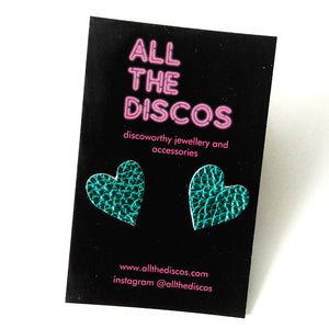 Good Disco Collection - Heart Stud Earrings - Teal Metallic Leatherette