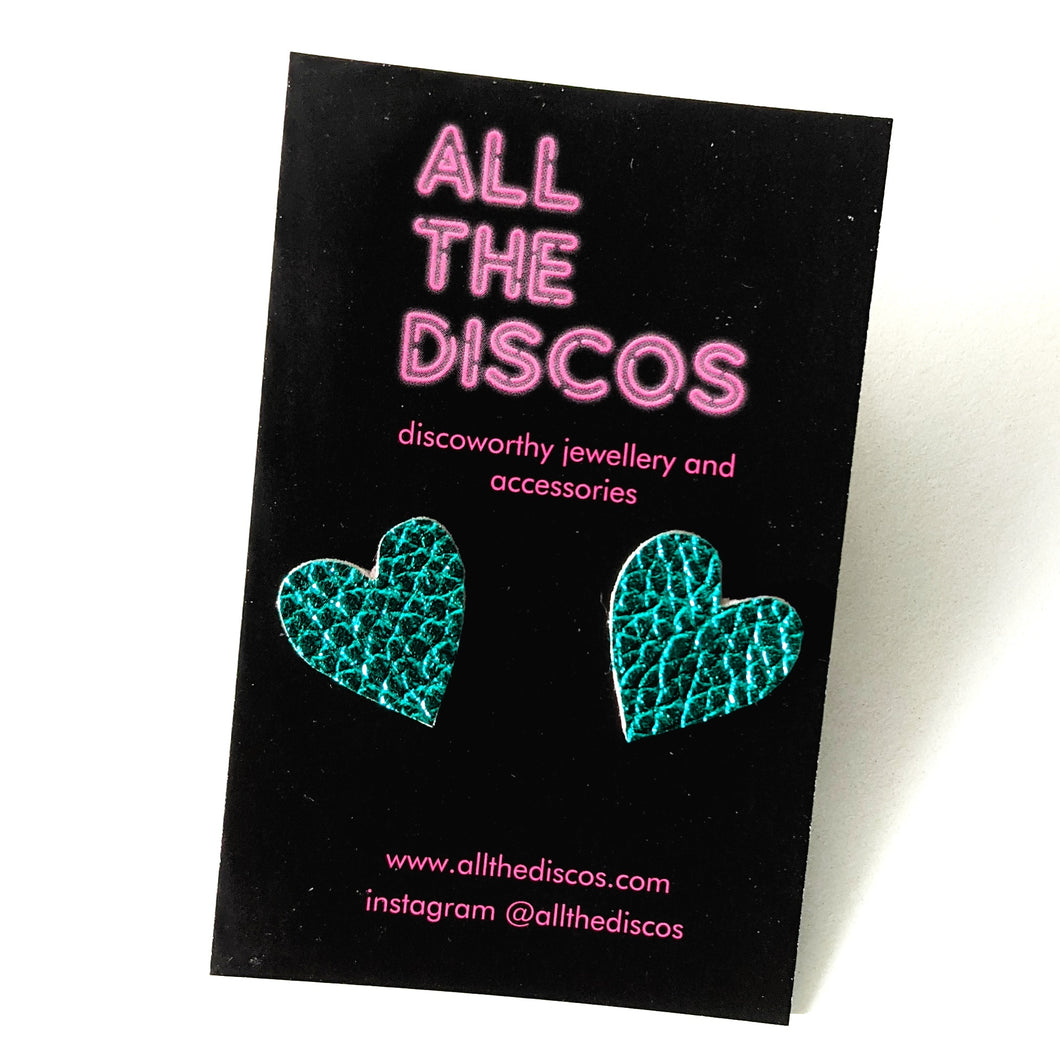 Good Disco Collection - Heart Stud Earrings - Teal Metallic Leatherette