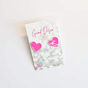 Good Disco Collection - Heart Stud Earrings - Neon Pink Patent Leatherette