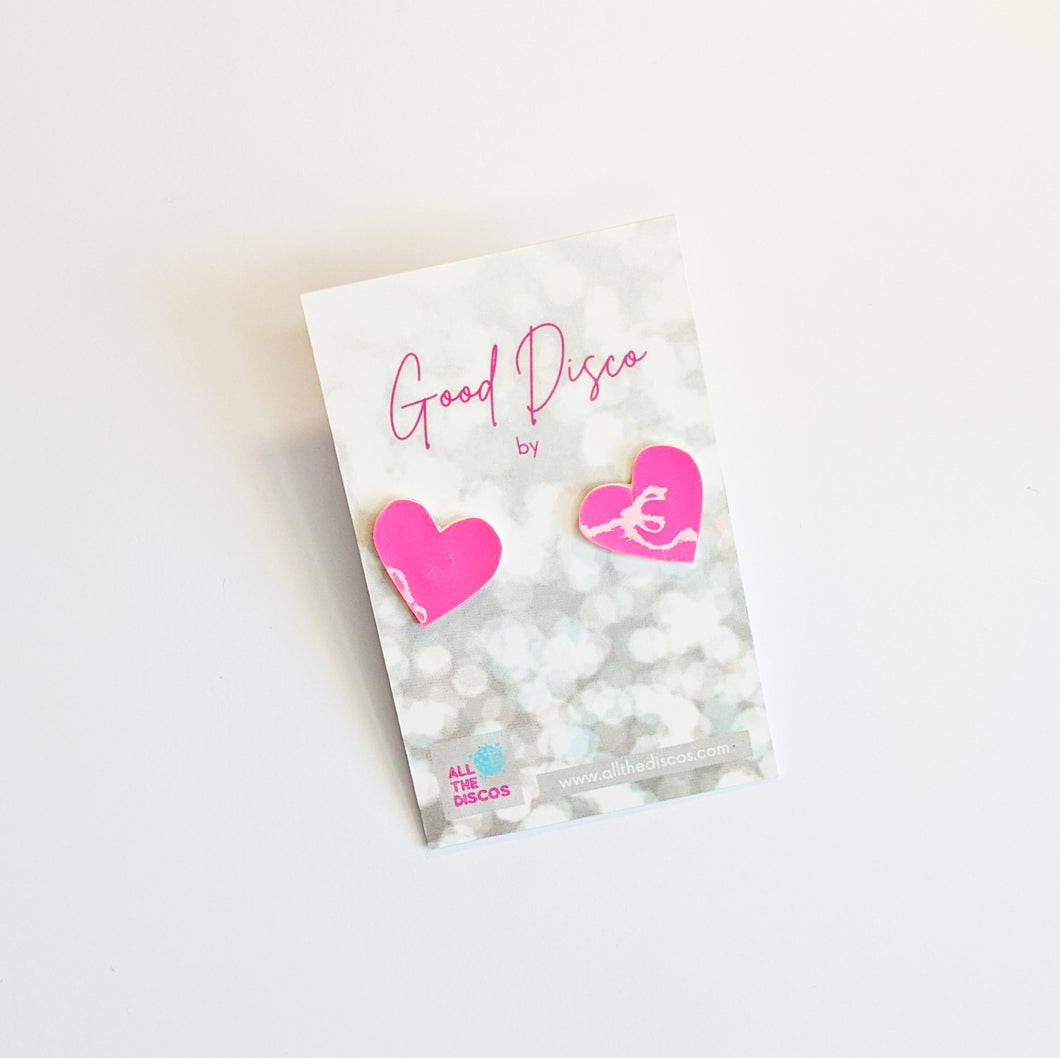 Good Disco Collection - Heart Stud Earrings - Neon Pink Patent Leatherette