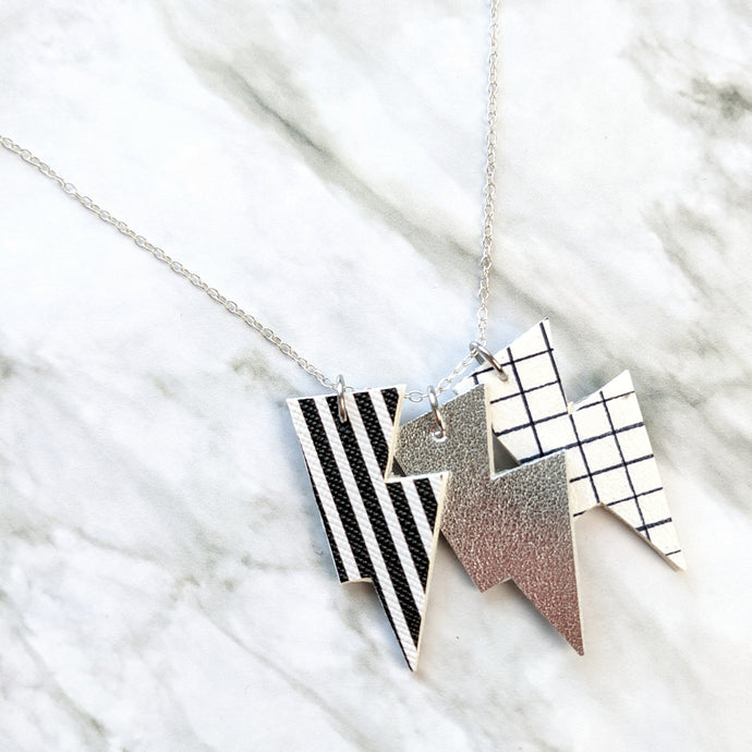 Disco Bolt Triple Bolt Pendant Necklace - Stripe, Silver and Grid